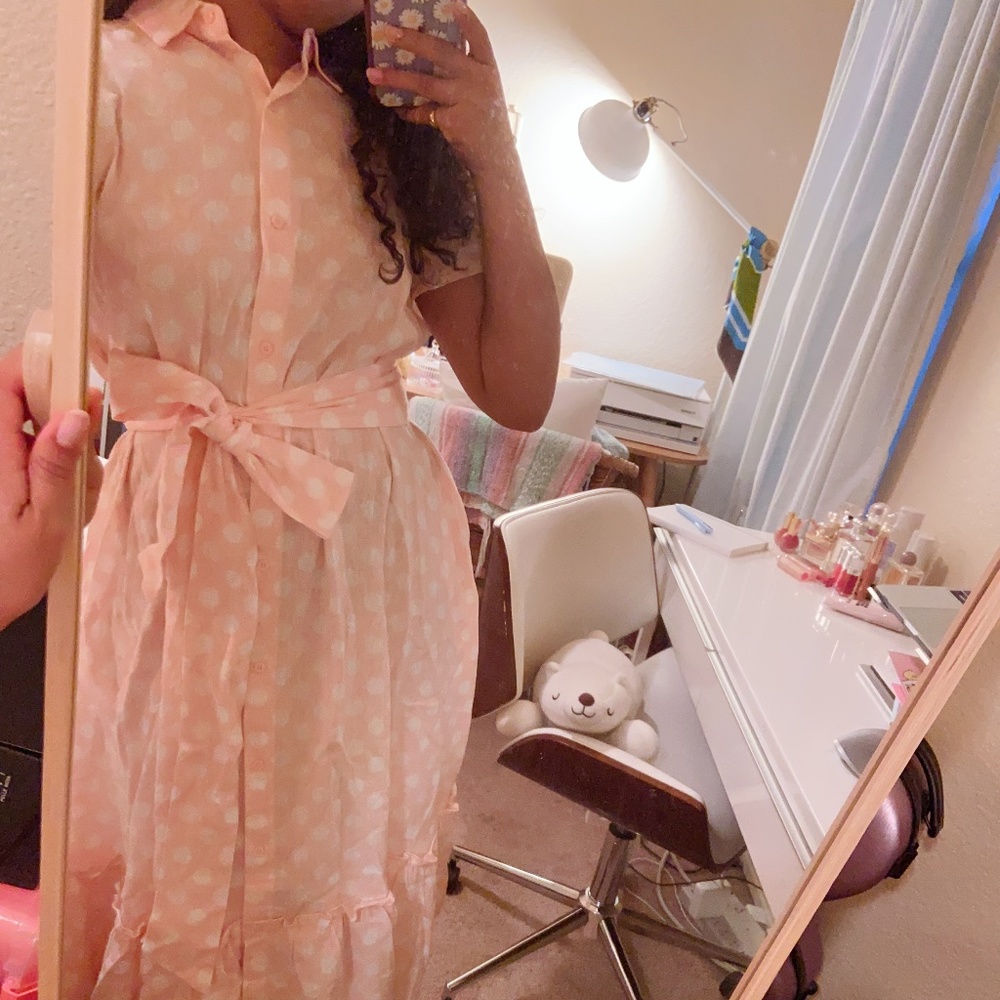 Pink+White Polka Dot Midi Length Button Down Dress